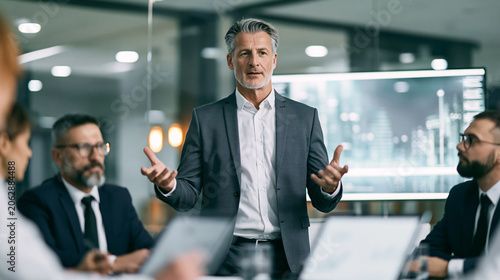 Mature businessman leading a business presentation, gesturing with hands while addressing diverse colleagues in a modern office meeting room