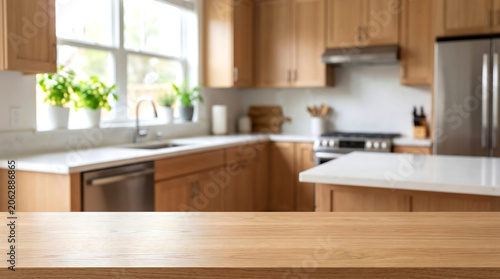 Light Wood Table Surface with Blurred Modern White Kitchen Window Background for Product Showcase Mockup Surface