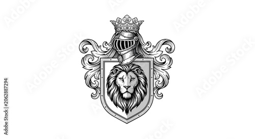 Foto Royal heraldic coat of arms with lion shield and knight helmet