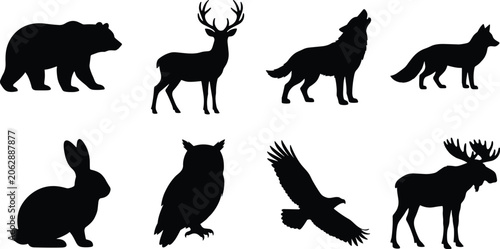 Collection of black silhouette forest animal vector icons featuring bear deer howling wolf fox rabbit owl flying eagle and moose for graphic design