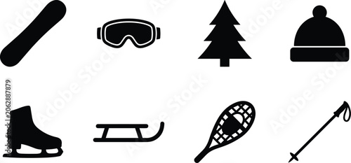 Bild auf Leinwand Black silhouette winter sports vector icon set featuring snowboard ski goggles p