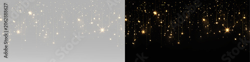 Obraz na plátne Sparkling party confetti with glowing fairy lights and golden glitter decoration