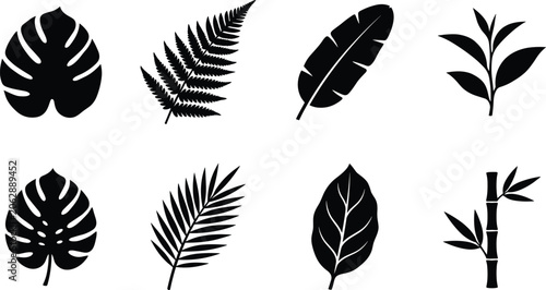 Set of black silhouette tropical plant vector icons featuring monstera fern banana leaf palm frond bamboo and botanical leaves for nature graphic design