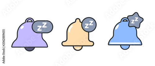 Snooze notification bell icon set. Silent mode do not disturb symbols
