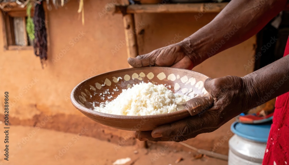 Fototapeta premium Close-up of hands holding a bowl of white food, possibly rice or flour, in a rustic setting.
