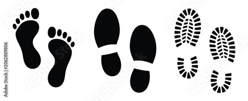 Obraz na plátně Shoe and barefoot footprint set, shoe sole prints and bare foot impressions, walking track marks, human step imprints vector design elements