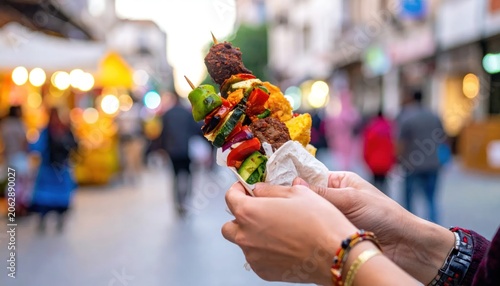 Close-up of hands holding a delicious skewer of grilled meat and vegetables at a bustling street food market.