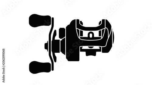 Baitcasting fishing reel silhouette icon on dark background.