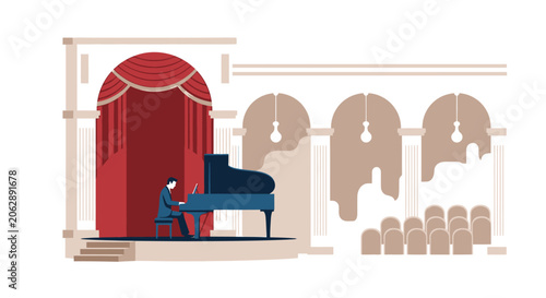 фотографія Pianist Performing on Stage in Concert Hall with Grand Piano and Audience Seats
