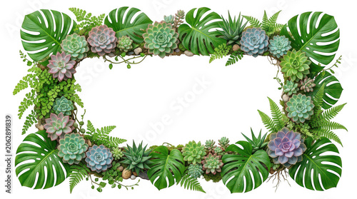 Tropical Succulent Frame Vector Botanical Border with Monstera Leaves and Exotic Green Foliage
