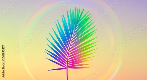 Single vibrant palm leaf displaying a stunning rainbow spectrum color gradient