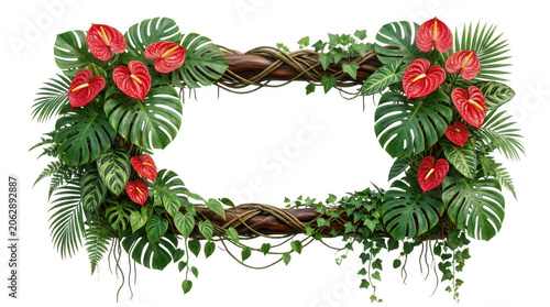 Tropical Floral Frame Vector Exotic Jungle Border with Anthurium Flowers and Lush Green Leaves
