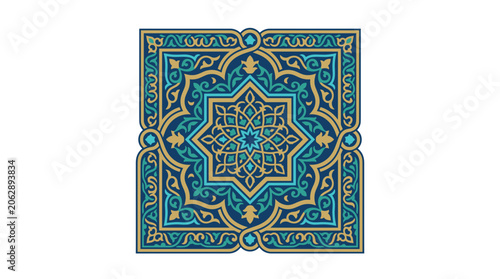 Intricate Islamic geometric pattern tile in blue and gold.