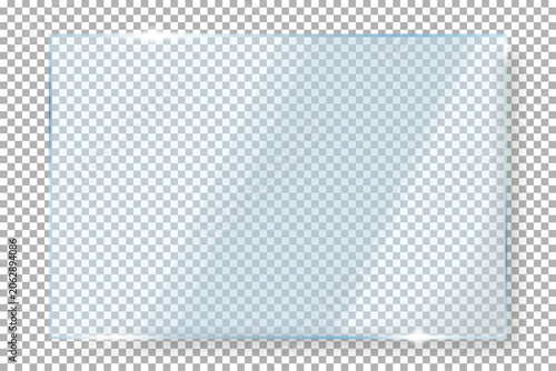 Photos Realistic transparent rectangular glass plate vector isolated on checkered background