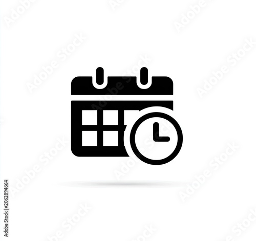 Black calendar icon with a clock overlay, symbolizing appointments