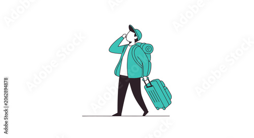 Man walking with suitcase and phone.