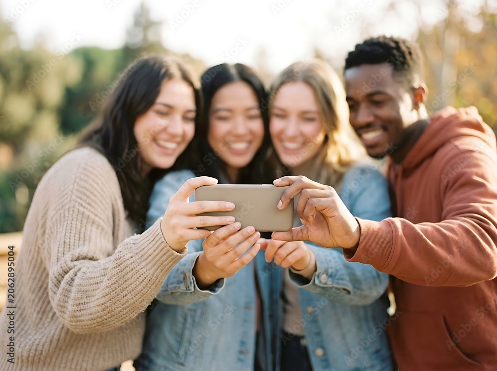 Obraz premium Four friends of diverse ethnicities looking at a smartphone together, sharing a laugh outdoors