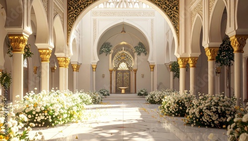 Elegant Islamic Architecture with Floral Decorations and Arched Hallways.
