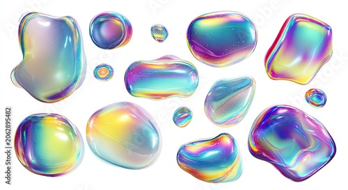 Iridescent blobs, fluid shapes, iridescent spheres, liquid droplets, abstract forms