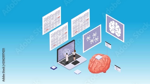 AI Brain Research with Scientists, Laptop, and Data Analysis 3d animation cartoon