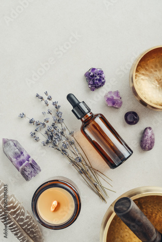 Holistic healing and mindfulness concept associated with meditation, aromatherapy, sound therapy, energy balance, relaxation rituals, massage treatments, and spiritual self-care.