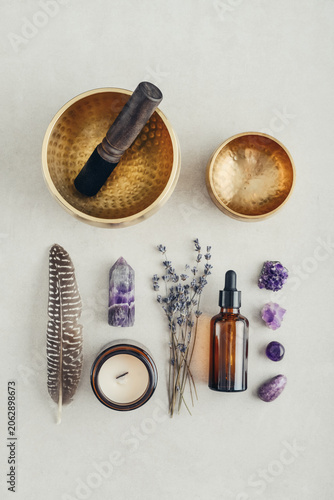 Holistic healing and mindfulness concept associated with meditation, aromatherapy, sound therapy, energy balance, relaxation rituals, massage treatments, and spiritual self-care.