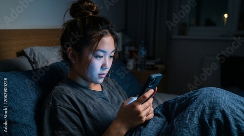 Young Asian woman using smartphone in bed at night. Sleep deprivation, blue light screen effect, social media addiction and insomnia concept.