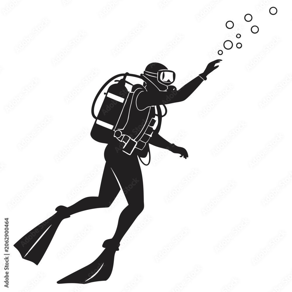 Fototapeta premium Scuba Diver Silhouette Bubbles Illustration