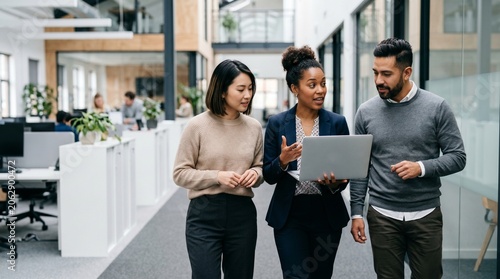 Diverse business partners holding laptop walking in open space office discussing dynamic project strategy corporate collaboration professional finance advisory teamwork consulting group