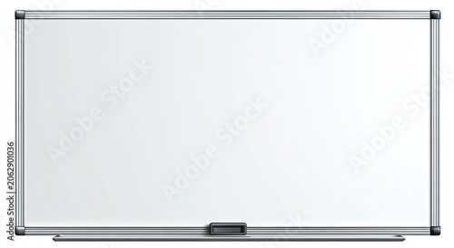 Clean, blank white board with metal frame and tray for writing tools