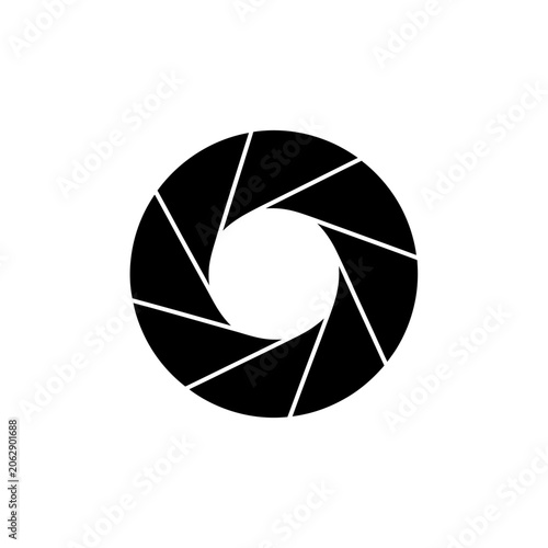 Minimalist black camera lens shutter aperture icon on white