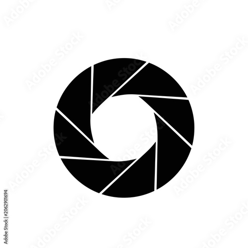 Minimalist black camera aperture icon on white background