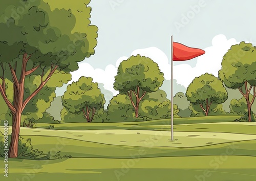 Green golf course with a red flag on a sunny day