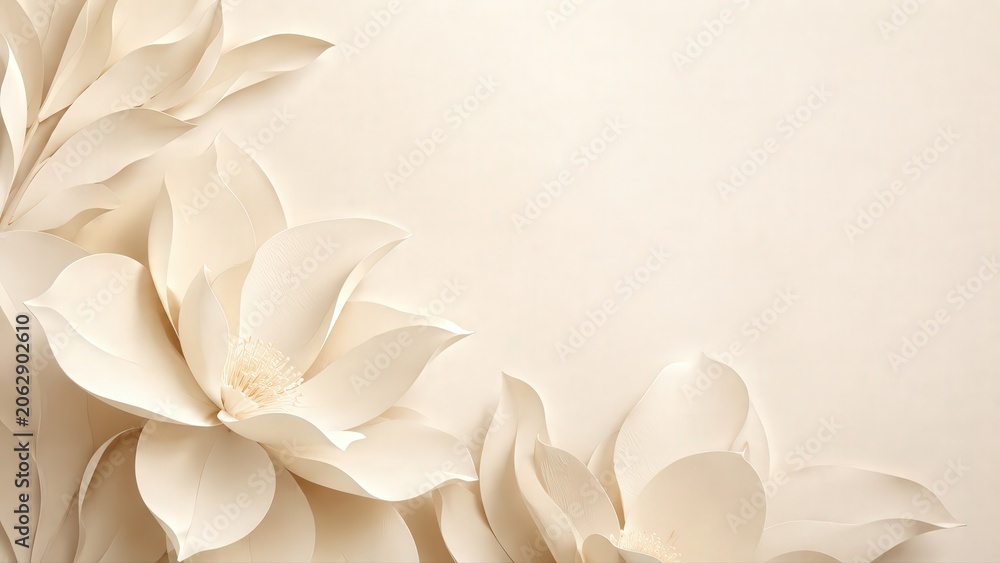 Fototapeta premium Atmospheric Creamy White Paper Magnolia Flowers on Neutral Background