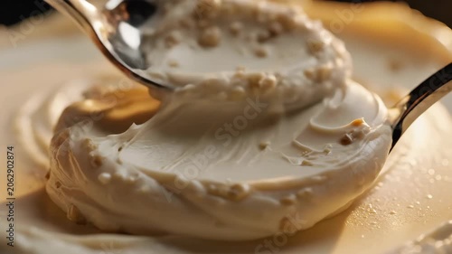 Macro videography of metallic spoons spreading viscous cream with granular inclusions under warm lighting
