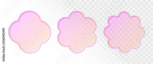 Flower badge mockup liquid glass style. Realistic transparent glass frame set pink and orange gradient. Frosted acrylic plastic effect for backgrounds, tags, labels, stickers, picture frames.