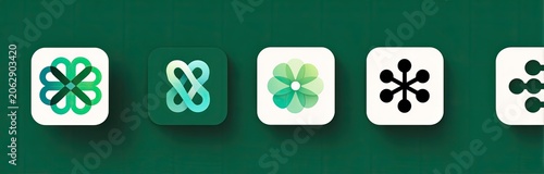 Row of rounded square icons with abstract green and black symbols on dark green