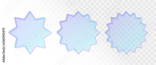 Sunburst badge mockup liquid glass style. Realistic transparent glass frame set blue and purple gradient. Frosted acrylic plastic effect for backgrounds, tags, labels, stickers, picture frames.