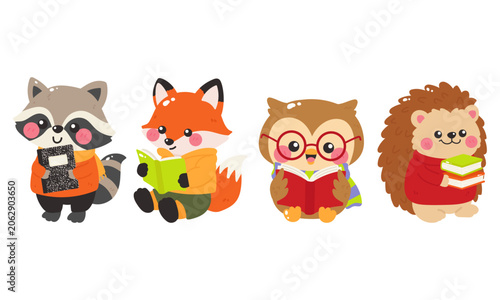 Cute woodland animal reading books clipart