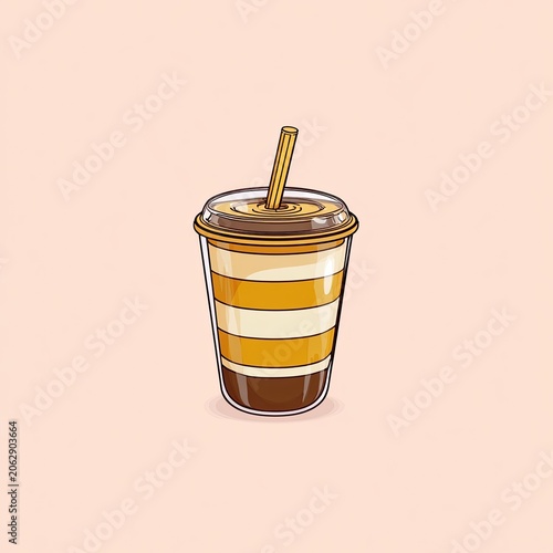 Layered beverage in a clear cup with a straw, against a pale background