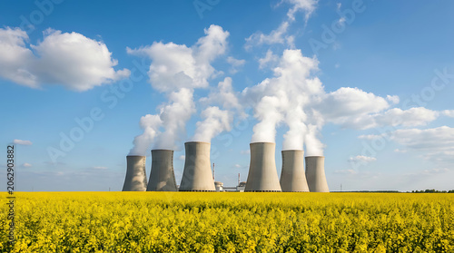 Nuclear power plant cooling towers rising above a vibrant yellow rapeseed field.