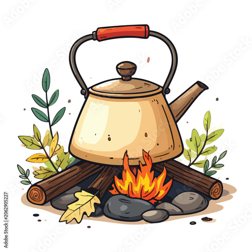 Illustration of a metal camping kettle boiling over a small campfire.