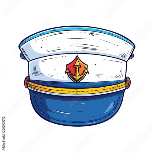 Cartoon Sailor Hat with Golden Anchor Emblem Isolated on White.