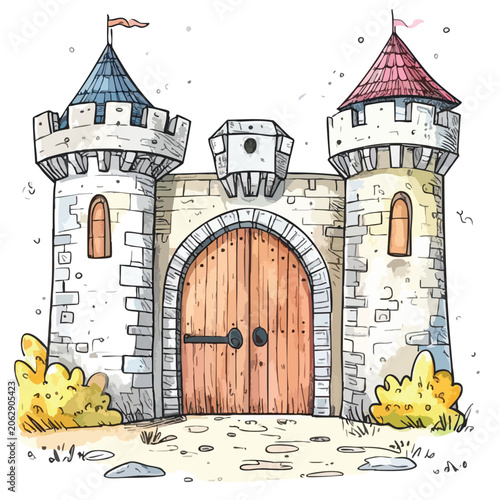 Watercolor illustration of a medieval castle gate with towers.