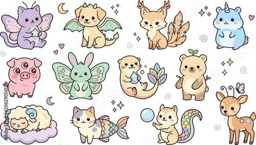 Fotografie Cute Fantasy Animal Characters Collection Featuring Fairy Cat Dragon Puppy Otter