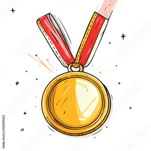 Hand drawn golden medal illustration with red ribbon.
