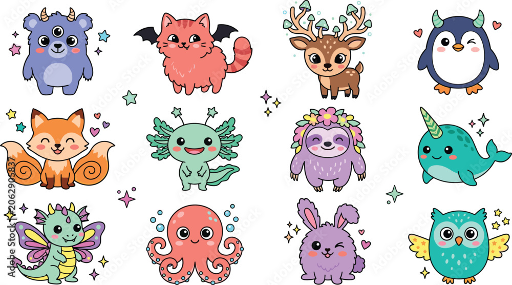 Fototapeta premium Cute Fantasy Animal Characters Collection Featuring Fox Penguin Deer Narwhal Owl Octopus Sloth and Magical Creature Illustrations