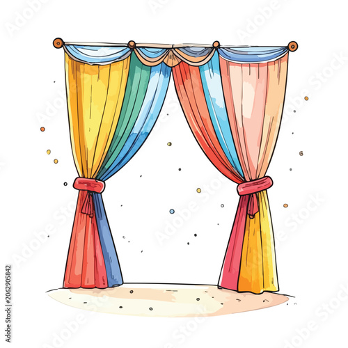 Colorful Hand Drawn Watercolor Stage Curtains Illustration.