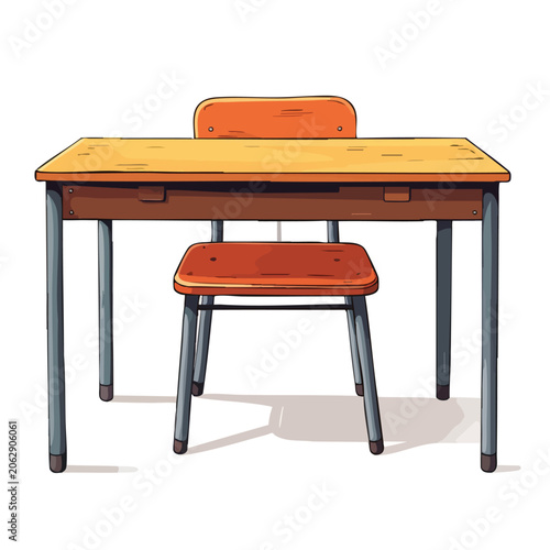 A classic school desk and chair set with a wooden top and orange frame isolated on white.