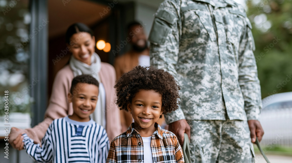 Obraz premium Anonymous happy multiracial soldier with wife and children standing at the entrance of their house, military family portrait concept, faceless, defocused, with copy space